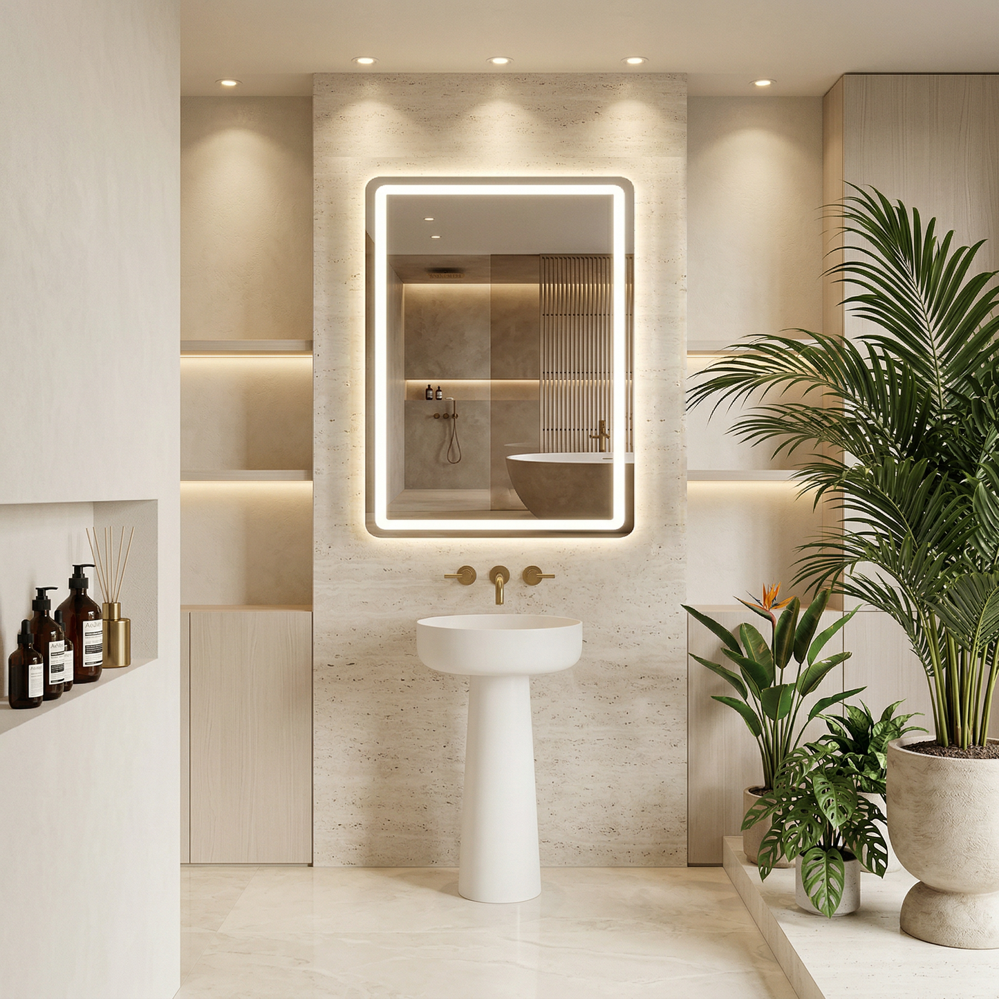 Espejo vertical sin marco bordes redondeados led frontal